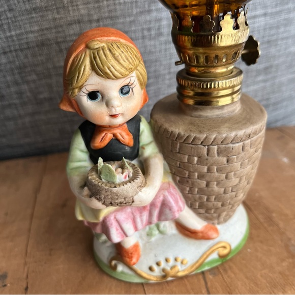 Oil Lamp Vintage Porcelain Little Girl Holding Flowers Never Used - Picture 3 of 5
